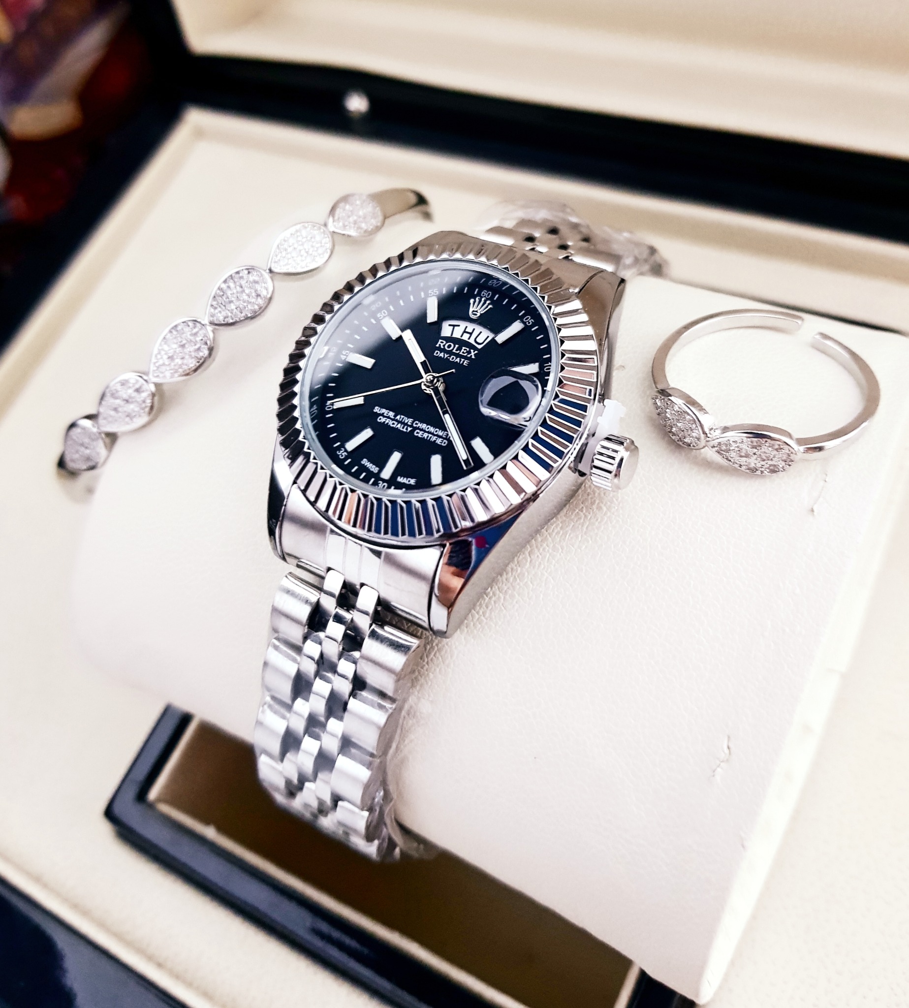 ROLEX Dama Set Plata Esfera Negra · Ref. RD-02